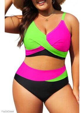 Plus Size High Waisted Two Piece Swimsuit Tummy Control Bikini Set